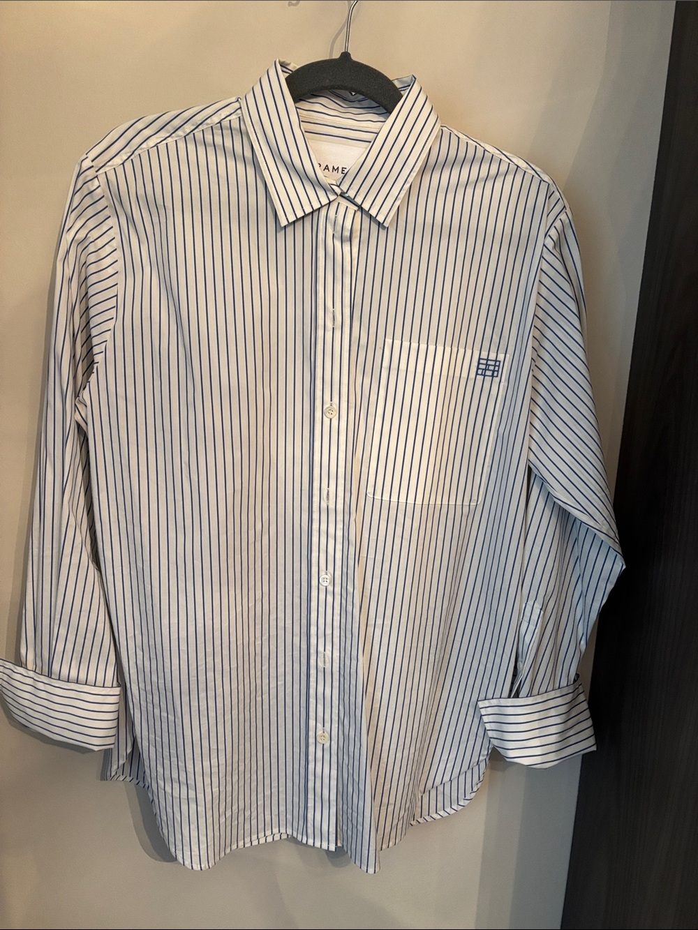 Frame Denim White Shirt with Blue Pinstripes